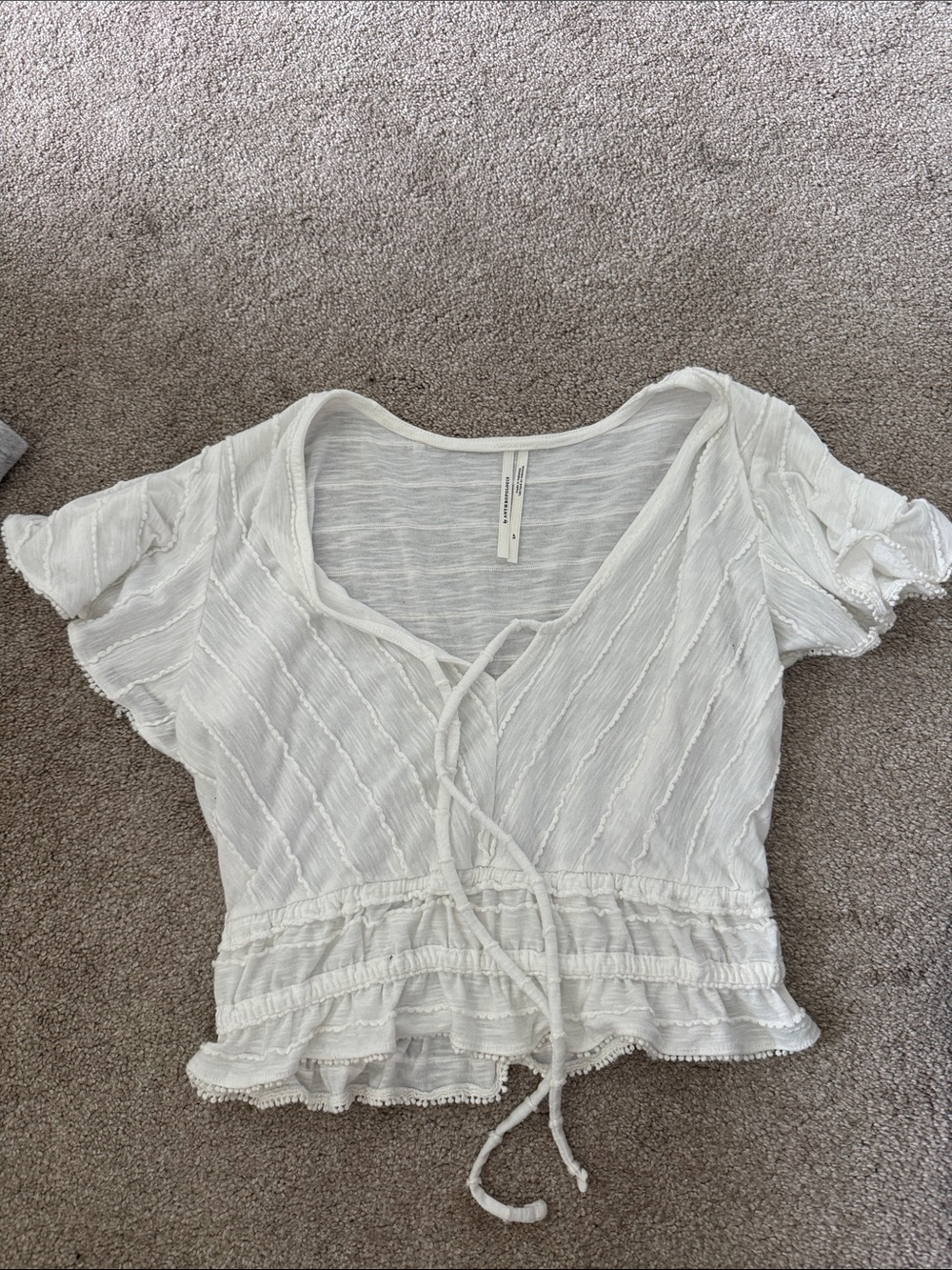 Anthropologie White Textured Tie-Front Peplum Crop Top
